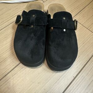 American Eagle Outfitters Black Suede Platform Clogs with Gold Detail